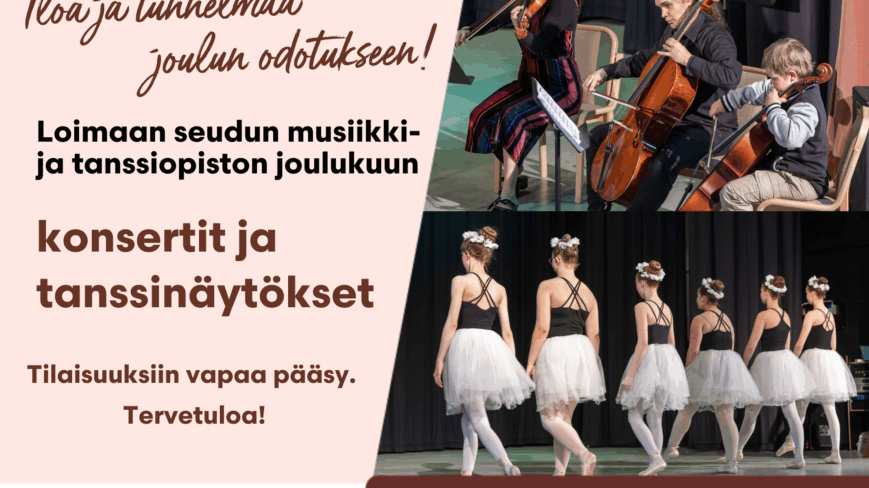 Konserttimainos, yläkuvassa kolme sellonsoittajaa ja alakuvassa balleriinoja selin rivissä.