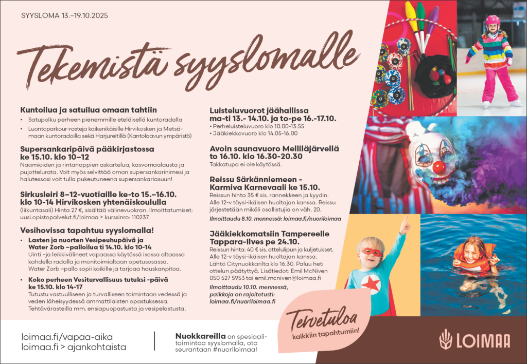 Edellä mainitut syysloman tapahtumat koostettu kuvaksi esimerkkinä lehti-ilmoitus.