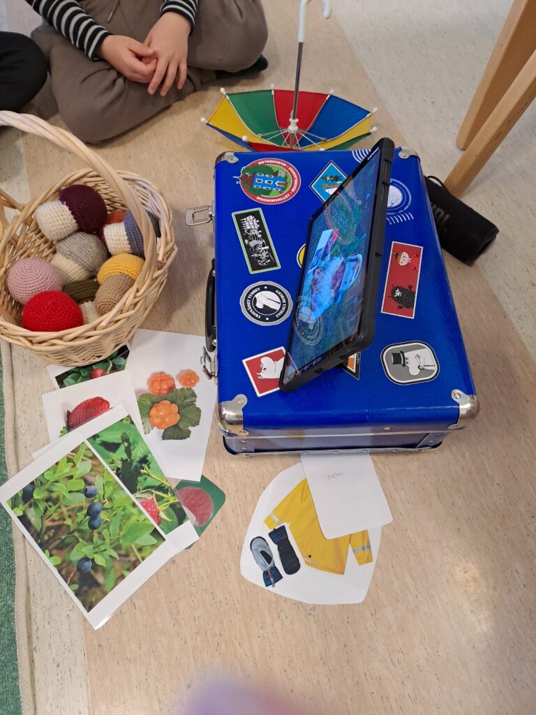 Lattialla kuvia metsämarjoista, pieni sininen matkalaukku, sateenvarjo ja kori jossa virkattuja sieniä.