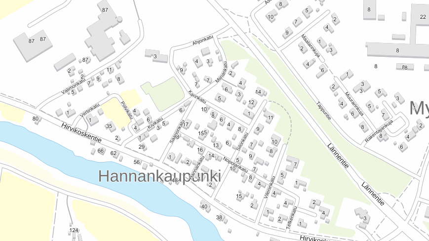 kartta jossa taloja, teitä, joki.