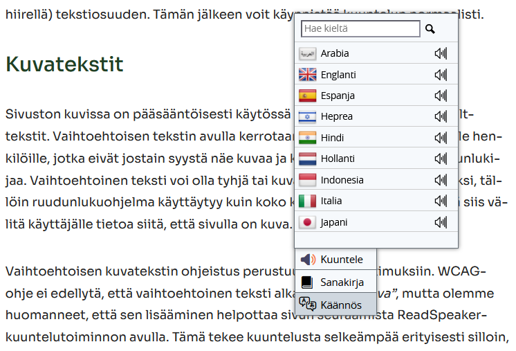 Kuva: Sivuja voi kuunnella myös eri kielillä. Valitse haluamasi teksti, sen jälkeen alavalikosta valitse käännös ja kieli.