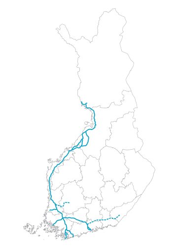 Suomen kartta johon piiretty runkoverkon alustavareitti rannikkoa pitkin Kemistä Helsinkiin ja Kotkaan.