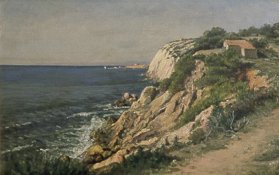 Kuvassa Adolf Von Beckerin öljyvärimaalaus Välimeren rannikosta.