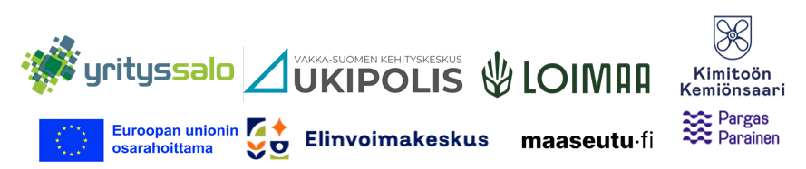 Hankekumppanien ja rahoittajan logot: Yrityssalo, Ukipolis, Loimaan kaupunki, Kemiönsaari, Parainen, EU, Elinvoimakeskus, maaseutu.fi