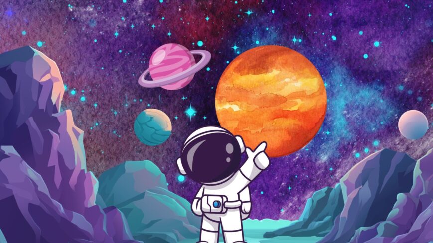 Kirjaston talvilomaviikon avaruusteeman kuvituskuva.