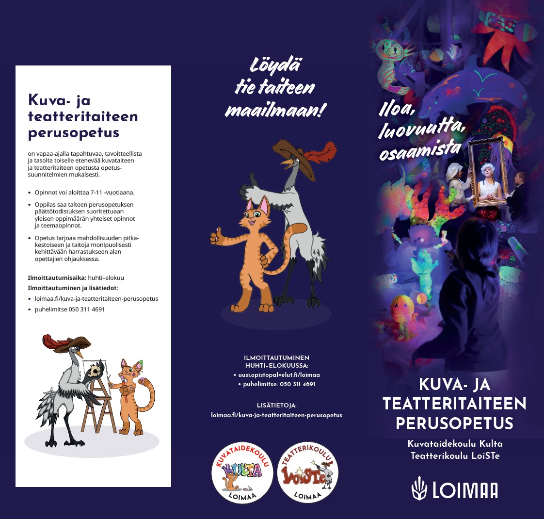 Kuva- ja teatteritaiteen perusopetuksen tummansininen esite, jossa graafisia kuvia