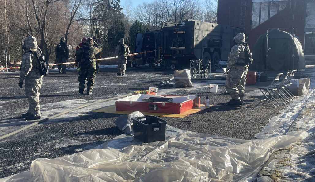 Training exercise near the old town hall in Loimaa, soldiers from the Virginia National Guard and the Finnish Defense Forces at work