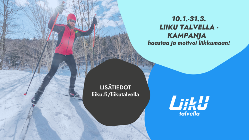 Liikun mainos Liiku talvella. mies hiihtää kuvassa.