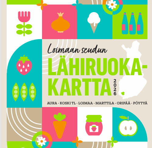 Loimaan seudun lähiruokakartan etusivu, jossa on tyyliteltyjä kuvia erilaisista ruuista.