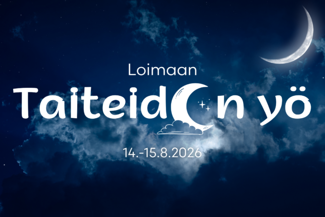 Taustalla yöllinen pilvi taivas jossa myös kuunsirppi. Keskellä kuvaa teksti: Loimaan Taiteiden yö 14.-15.8.2026