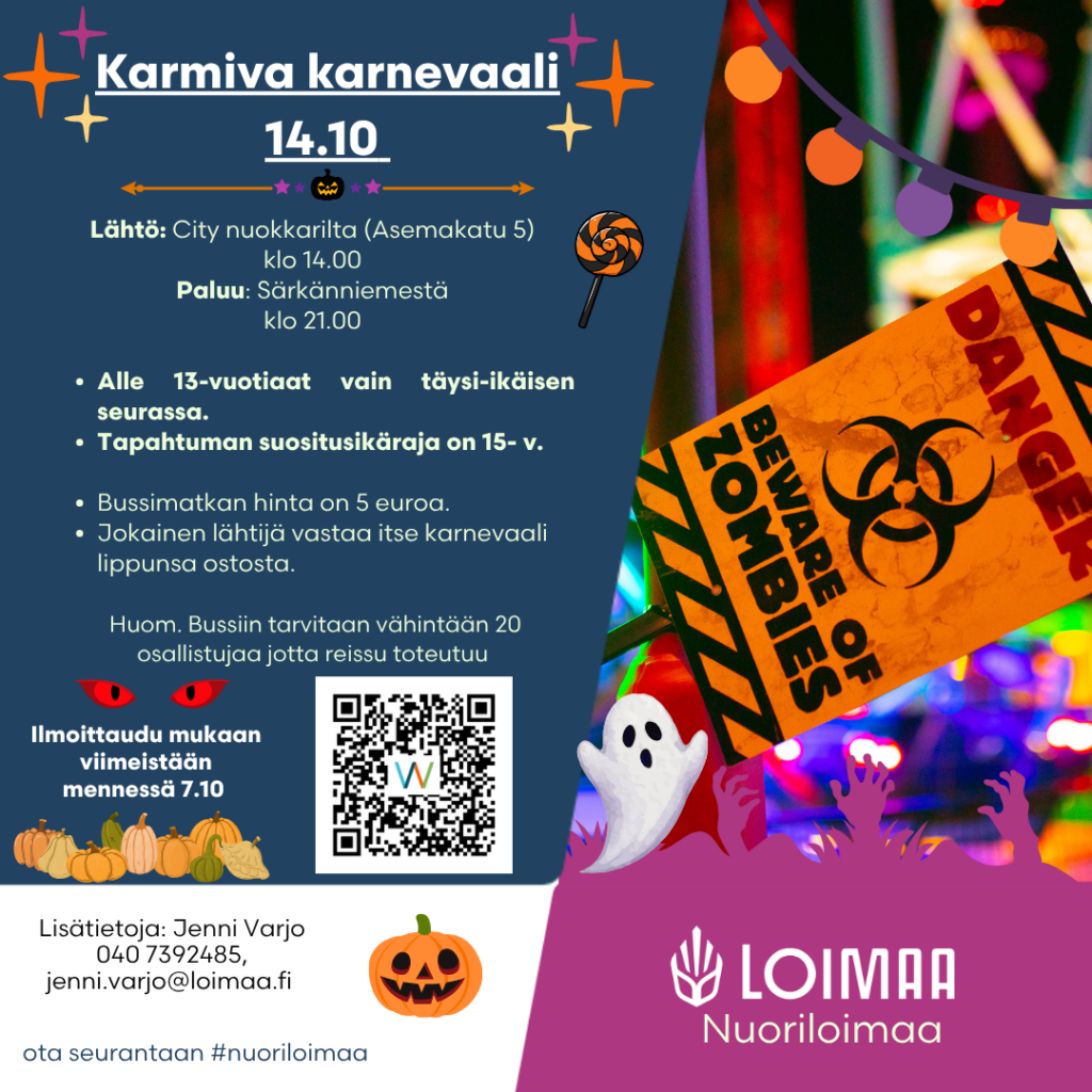 Mainoskuva nuorisopalveluiden Särkänniemi matkasta Karmivaan karnivaaliin. Kuvan alla teksti info matkasta ja ilmoittautumisesta.