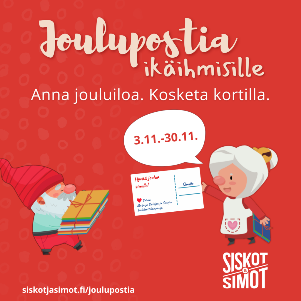 Kuvassa on Joulupostia ikäihmisille -kampanjan kuvituskuva, jossa on joulukorttia pitelevä joulumuori ja joulutonttu.