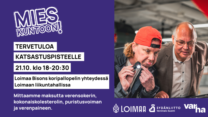 Mies kuntoon! katsastuspisteen mainos.