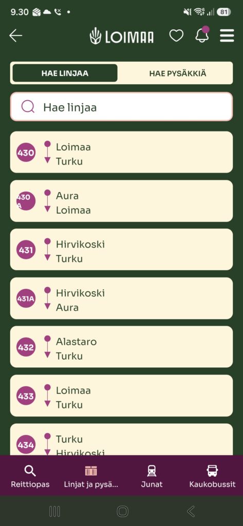 Kuvakaappaus Loimaa-Äpin Julkinen liikenne -osiosta. Kuvassa Loimaalla toimivat paikallislinjat.